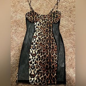 Spaghetti strap, mesh side leopard print mini dress